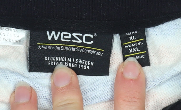 WESC Men's Blue Orange Striped Collared Polo Shirt XL Cotton