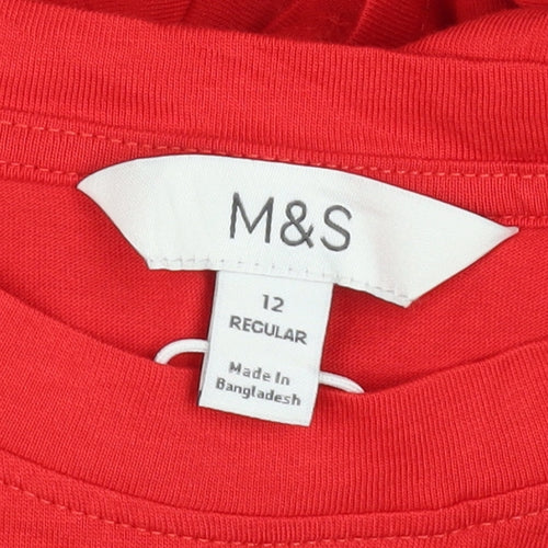 Marks and Spencer Women Red Size 12 Cotton A-Line Knee Length Dress