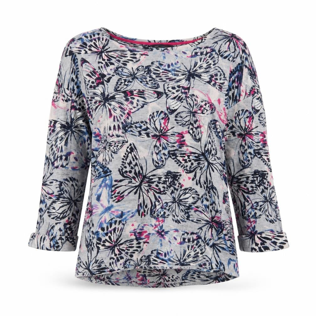 Front view of Marks & Spencer women’s multicoloured butterfly jersey jumper, size UK 10