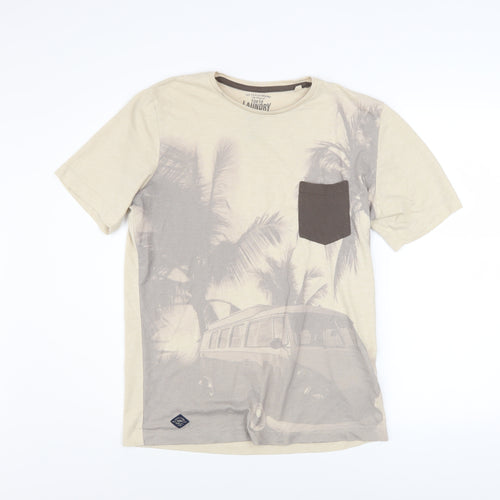 Tokyo Laundry Men's Beige Beach Print Regular Fit T-Shirt Medium