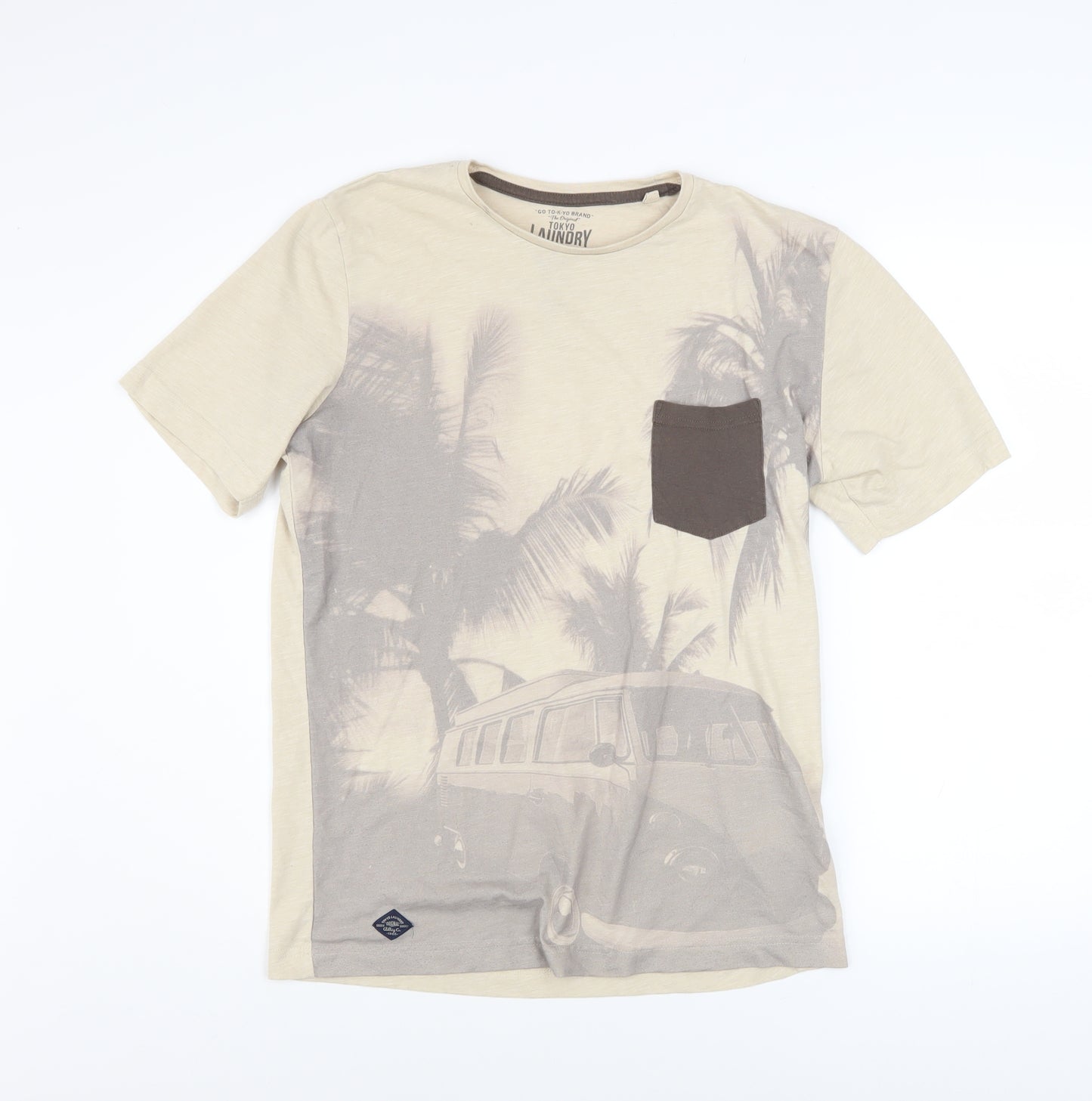Tokyo Laundry Men's Beige Beach Print Regular Fit T-Shirt Medium