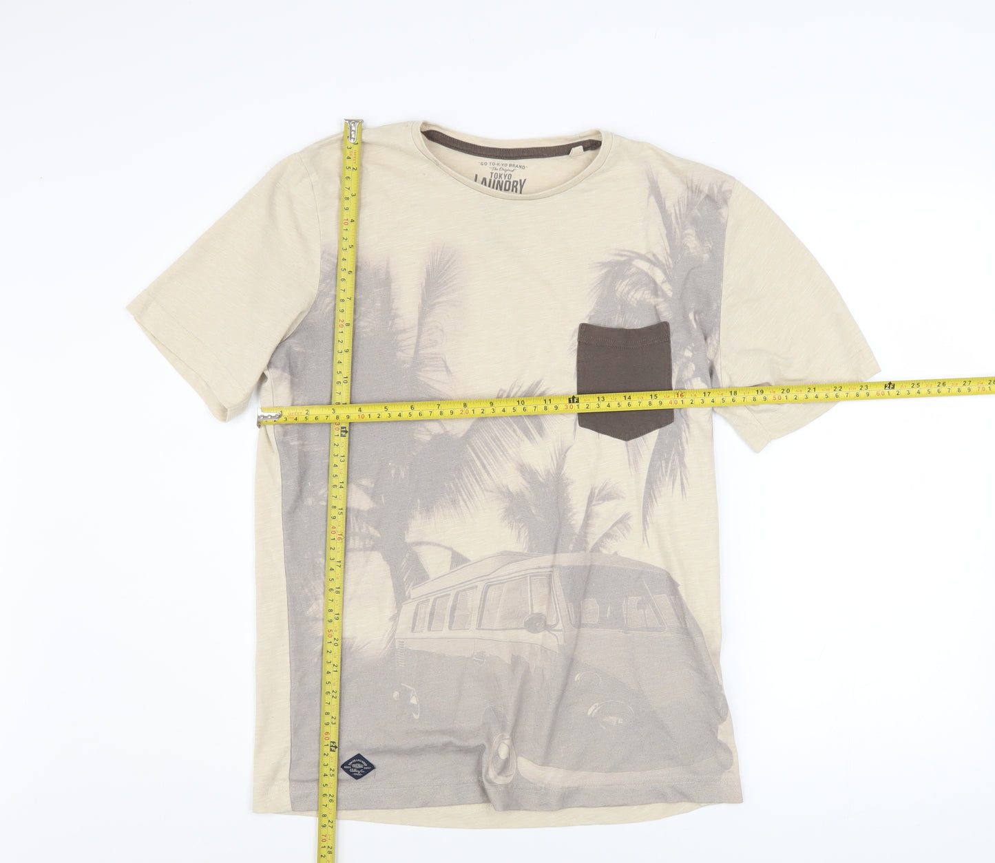 Tokyo Laundry Men's Beige Beach Print Regular Fit T-Shirt Medium