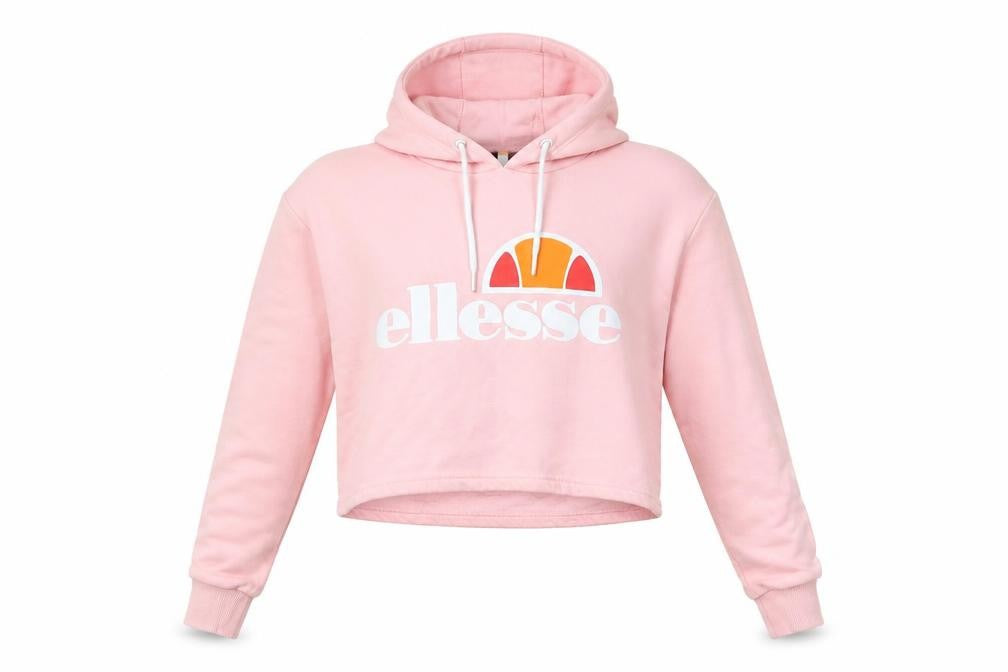 Front view of Ellesse women’s pink cropped hoodie uk 10 pullover logo sweatshirt