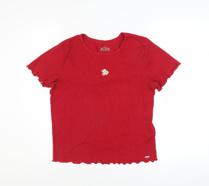 Hollister Women's Red Slim Fit Embroidered Flower T-Shirt Size S