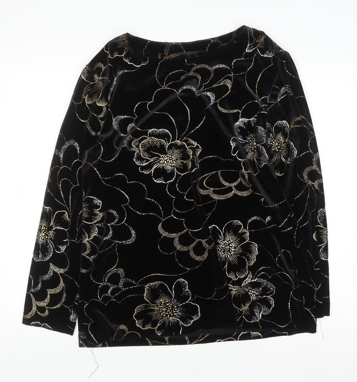 Briggs Womens Black Floral Velvet Tunic Blouse Petite M