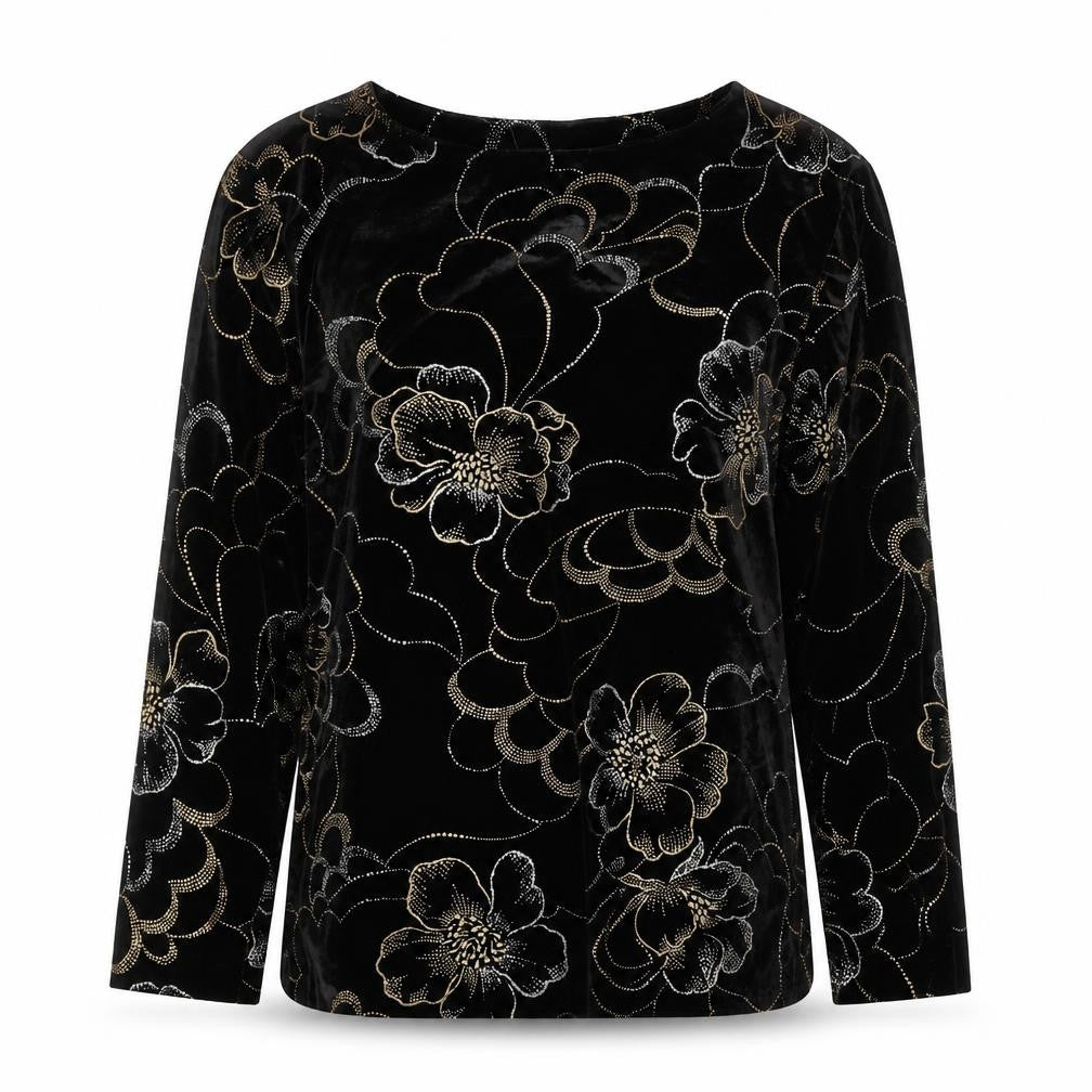 Briggs Womens Black Floral Velvet Tunic Blouse Petite M