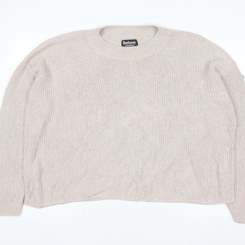 Barbour Women Beige Cotton Knit Jumper Size 14 Crew Neck Pullover