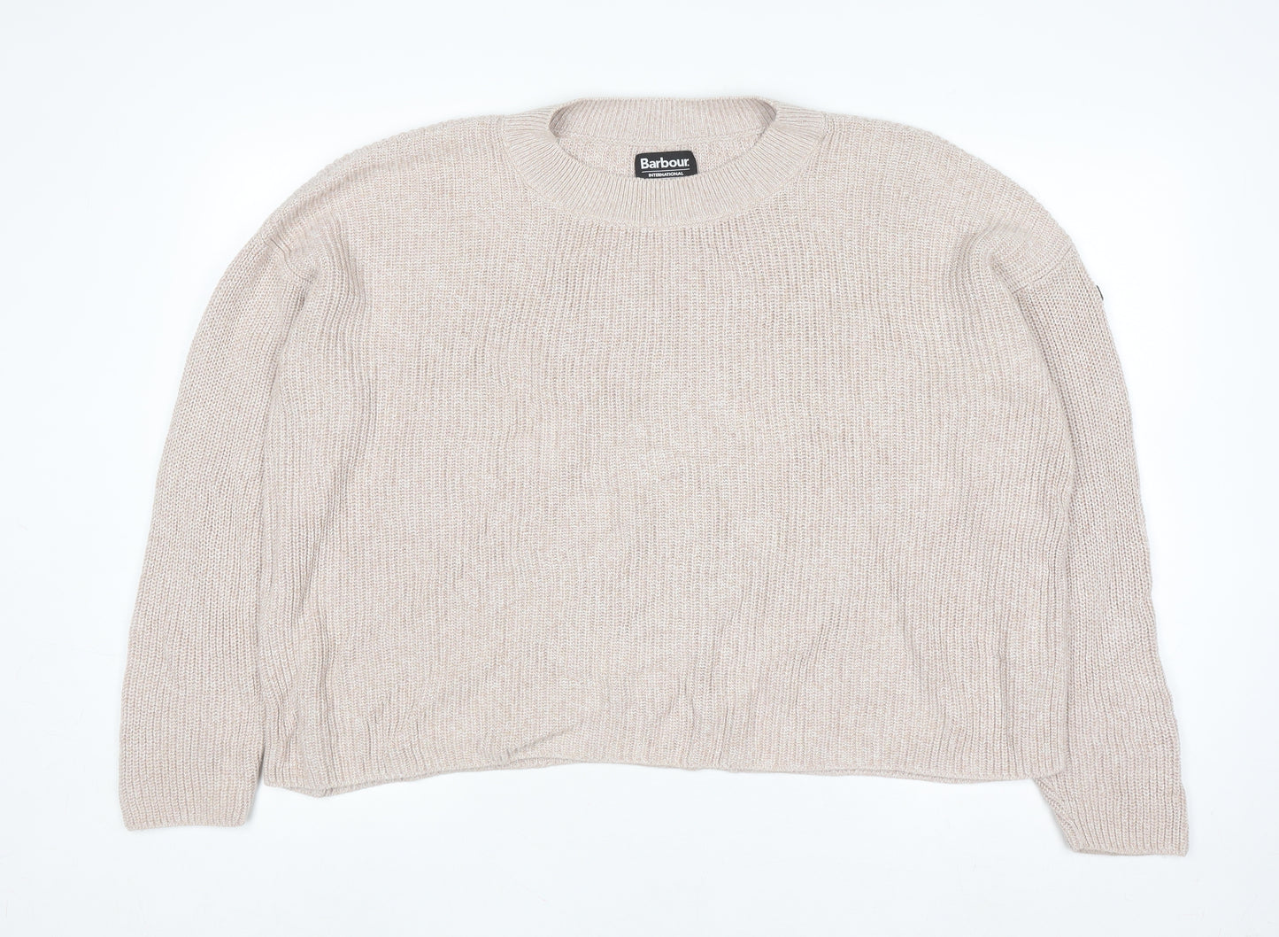 Barbour Women Beige Cotton Knit Jumper Size 14 Crew Neck Pullover