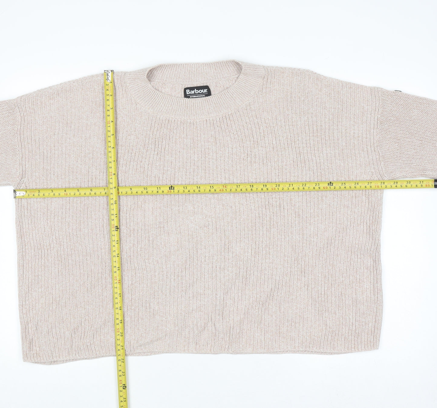 Barbour Women Beige Cotton Knit Jumper Size 14 Crew Neck Pullover