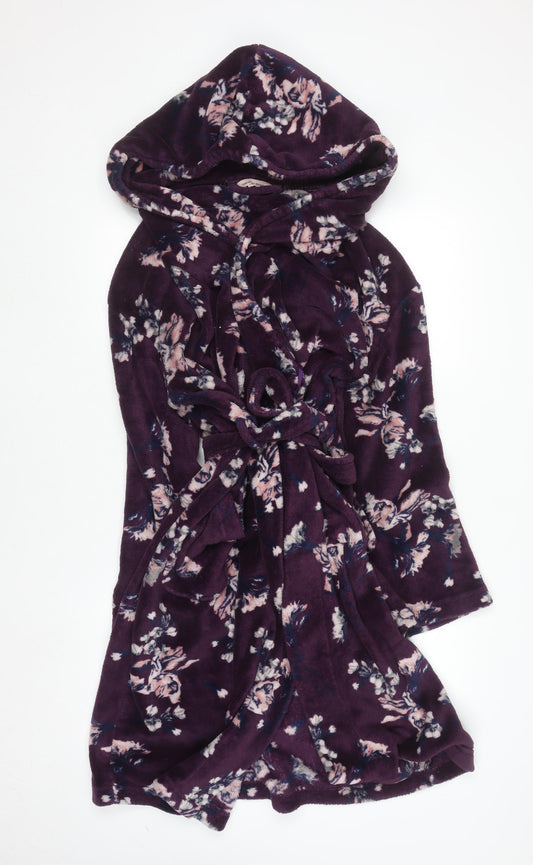 Dorothy Perkins Women's Purple Floral Hooded Fleece Robe L