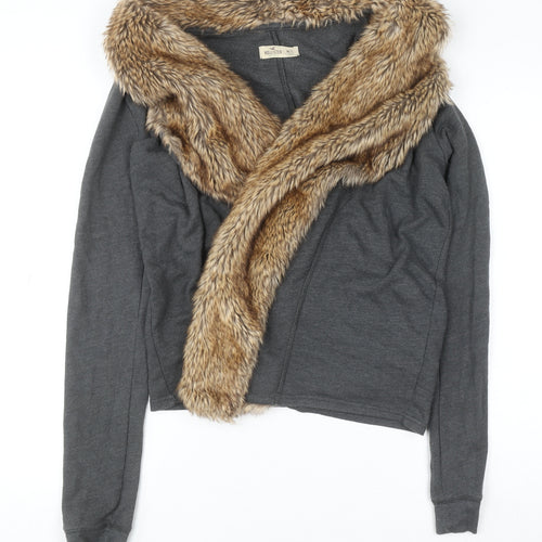 Hollister Women Grey Faux Fur Trim Cardigan M/L Winter Knitwear