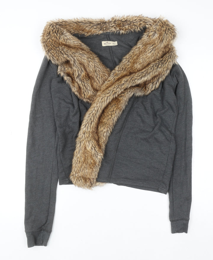 Hollister Women Grey Faux Fur Trim Cardigan M/L Winter Knitwear