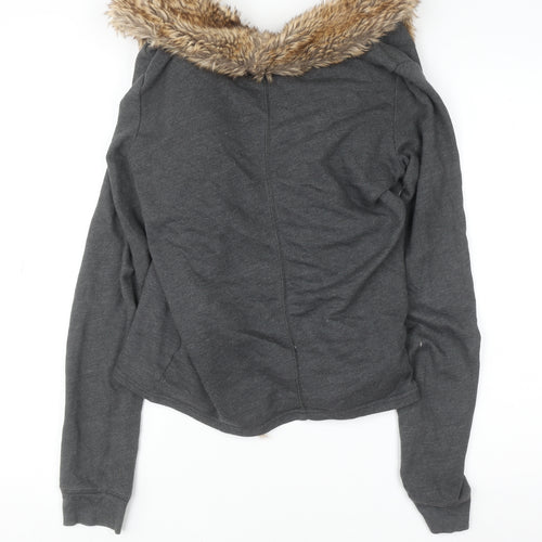 Hollister Women Grey Faux Fur Trim Cardigan M/L Winter Knitwear
