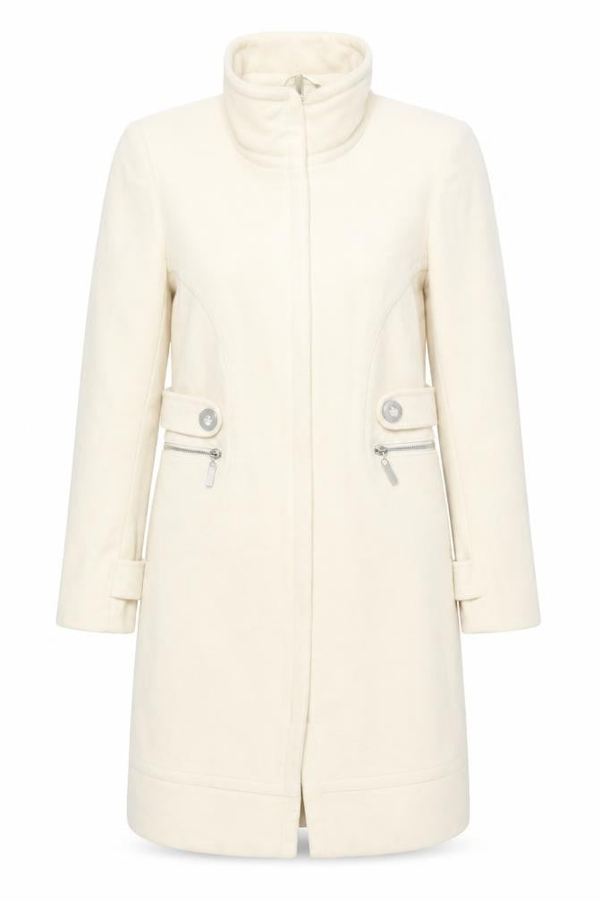 Front view of River Island Women’s Ivory Wool Coat, size UK 8, Long Overcoat