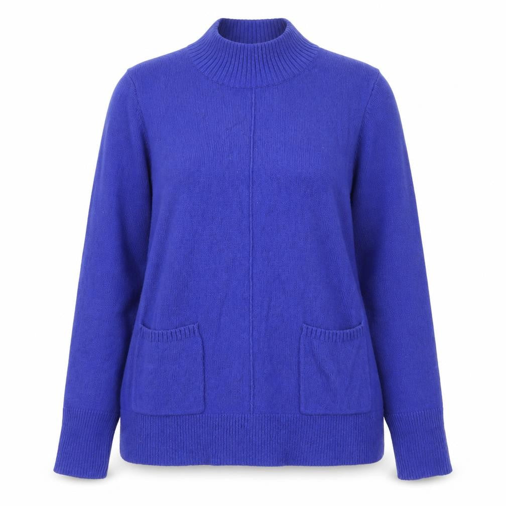 Front view of White Stuff women’s blue mock neck merino wool blend jumper uk 12