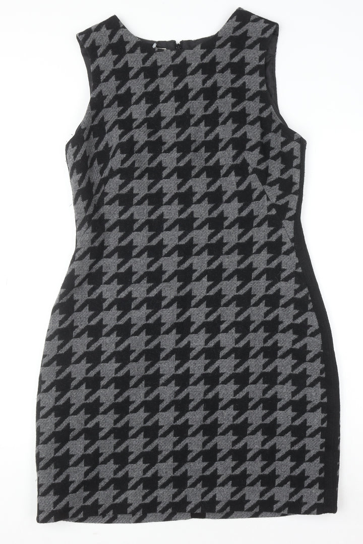 Hobbs Women Grey Houndstooth Sheath Dress UK 12 Sleeveless Workwear