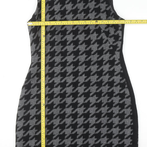 Hobbs Women Grey Houndstooth Sheath Dress UK 12 Sleeveless Workwear