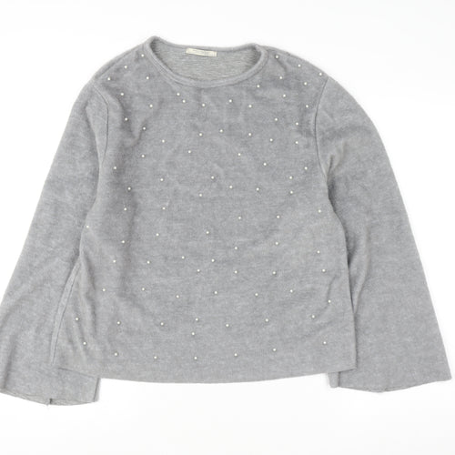Zara Trafaluc Women's Grey Beaded Crew Neck Wool Blend Jumper Size M
