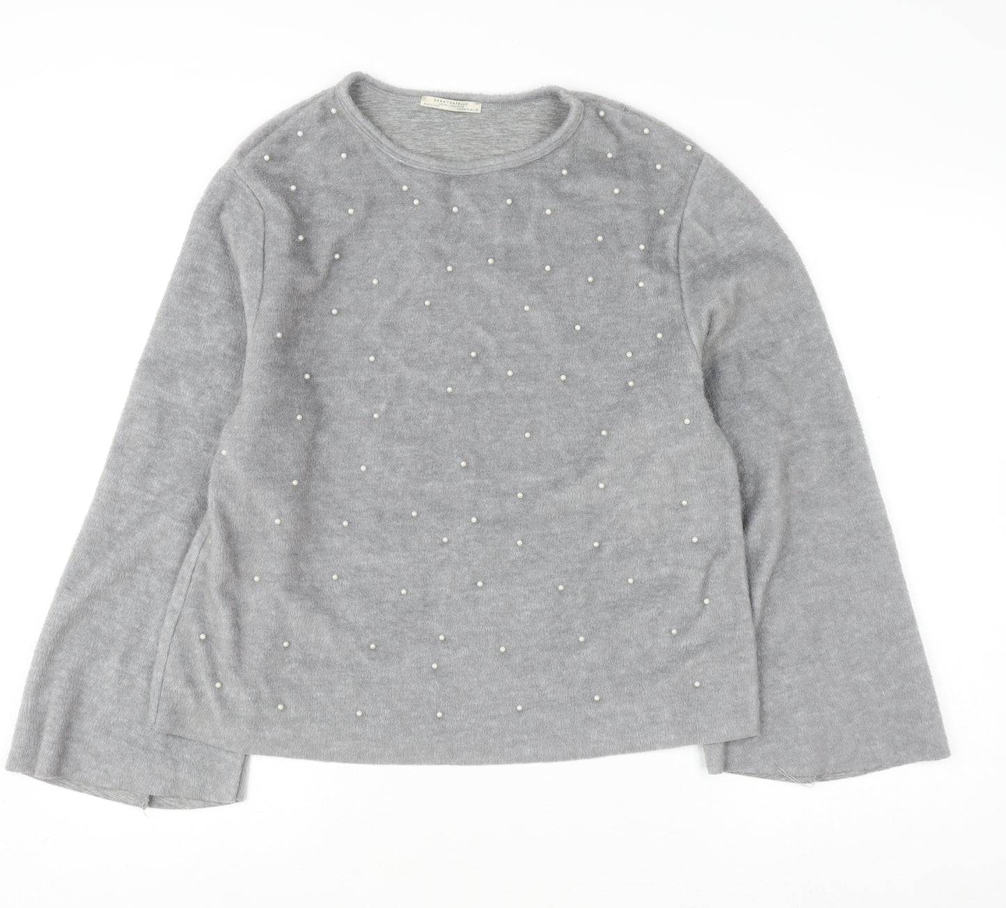 Zara Trafaluc Women's Grey Beaded Crew Neck Wool Blend Jumper Size M
