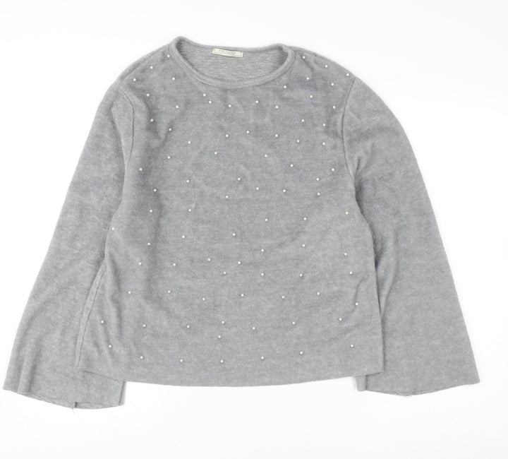 Zara Trafaluc Women's Grey Beaded Crew Neck Wool Blend Jumper Size M