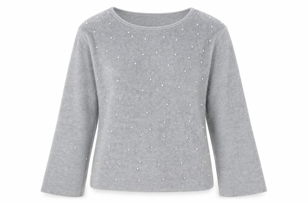Front view of Zara Trafaluc Women's Grey Beaded Crew Neck Wool Blend Jumper, size M