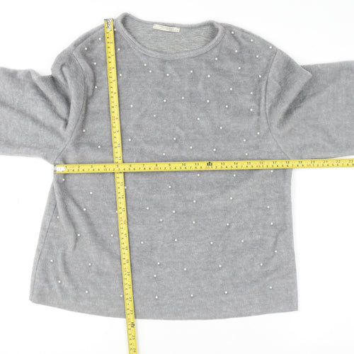 Zara Trafaluc Women's Grey Beaded Crew Neck Wool Blend Jumper Size M
