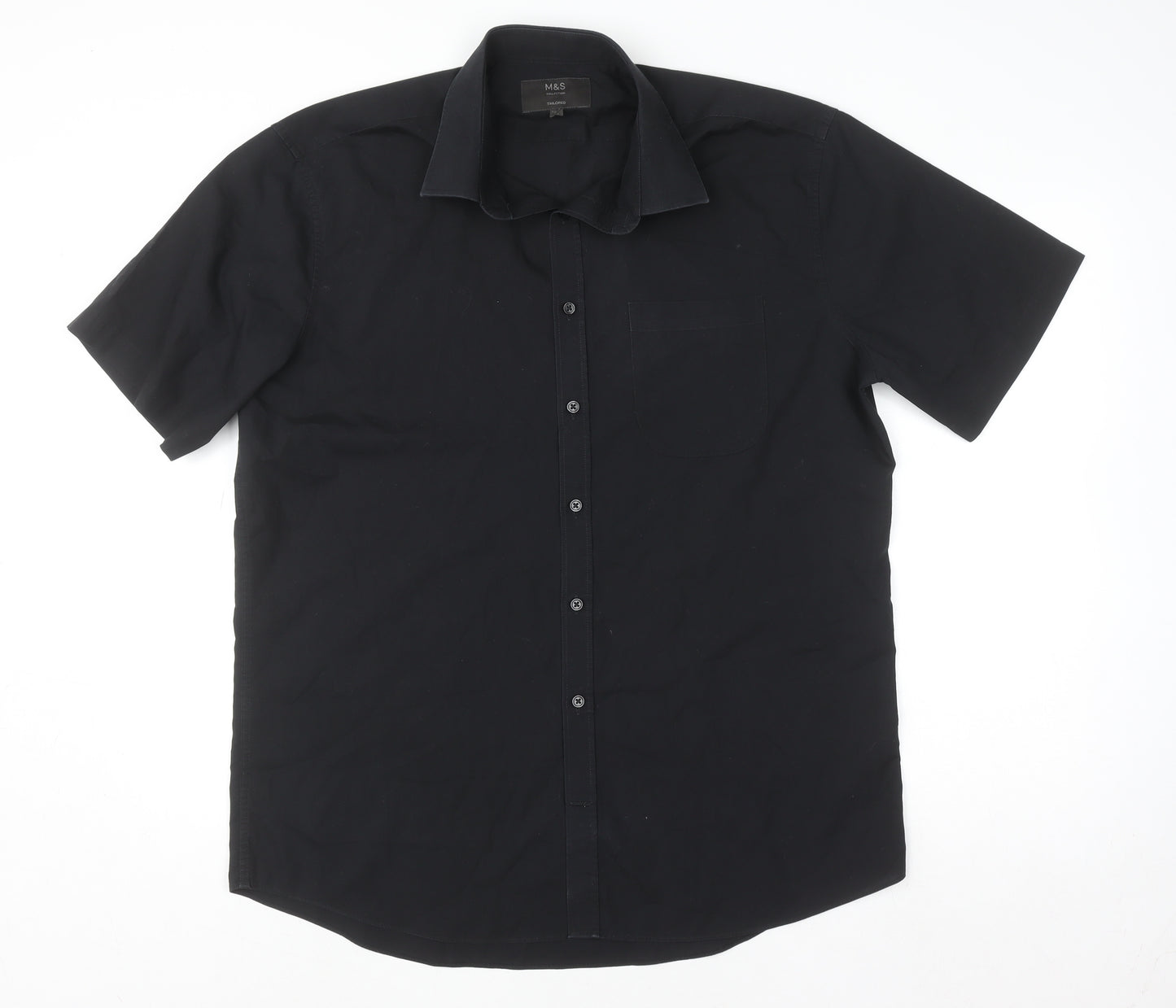Marks and Spencer Men's Black Tailored Short Sleeve Button-Up Shirt 17/43