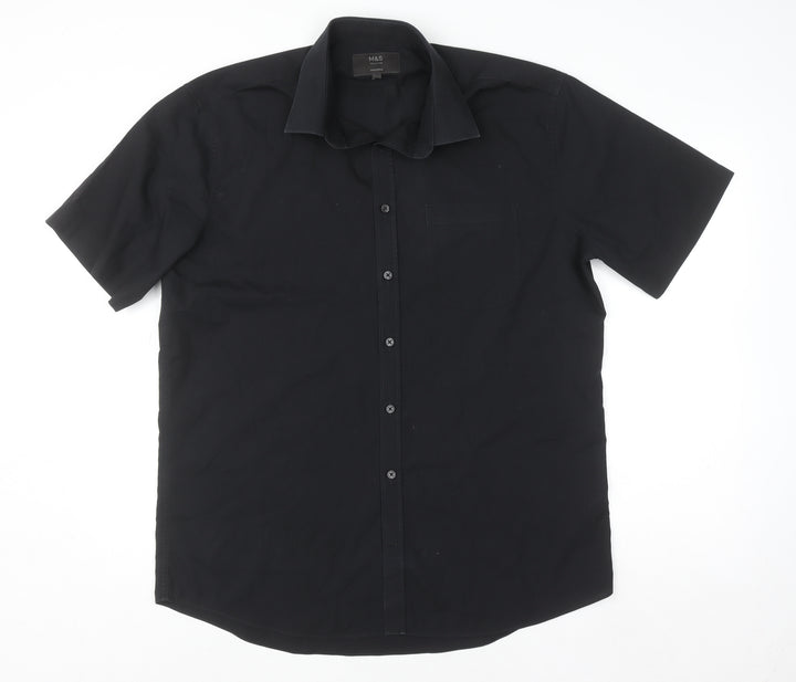 Marks and Spencer Men's Black Tailored Short Sleeve Button-Up Shirt 17/43