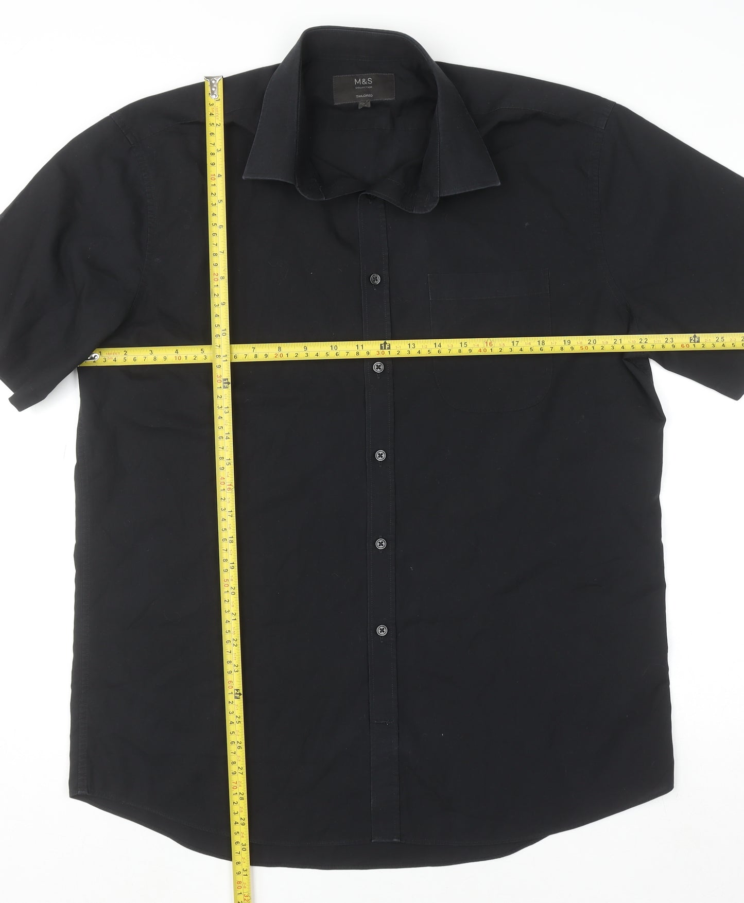 Marks and Spencer Men's Black Tailored Short Sleeve Button-Up Shirt 17/43