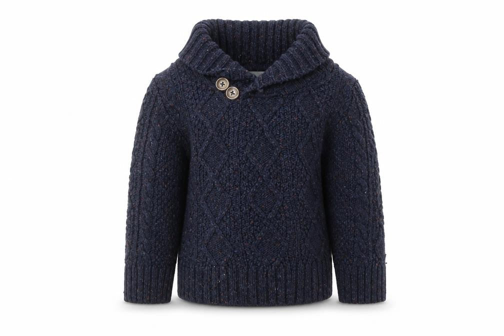 Front view of Monsoon Blue Cable Knit Shawl Collar Baby Jumper 18-24 Months