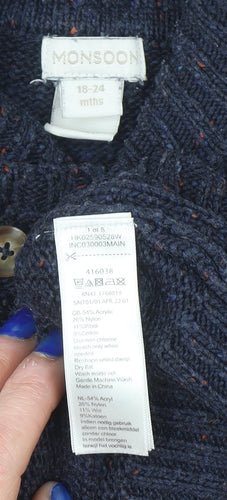 Monsoon Blue Cable Knit Shawl Collar Baby Jumper 18-24 Months