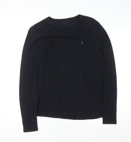 AllSaints Men's Black XS Cotton Crew Neck Waffle Knit Jumper