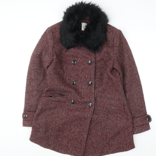 Cotton Traders Women Red Wool Mix Faux Fur Collar Pea Coat Size 12