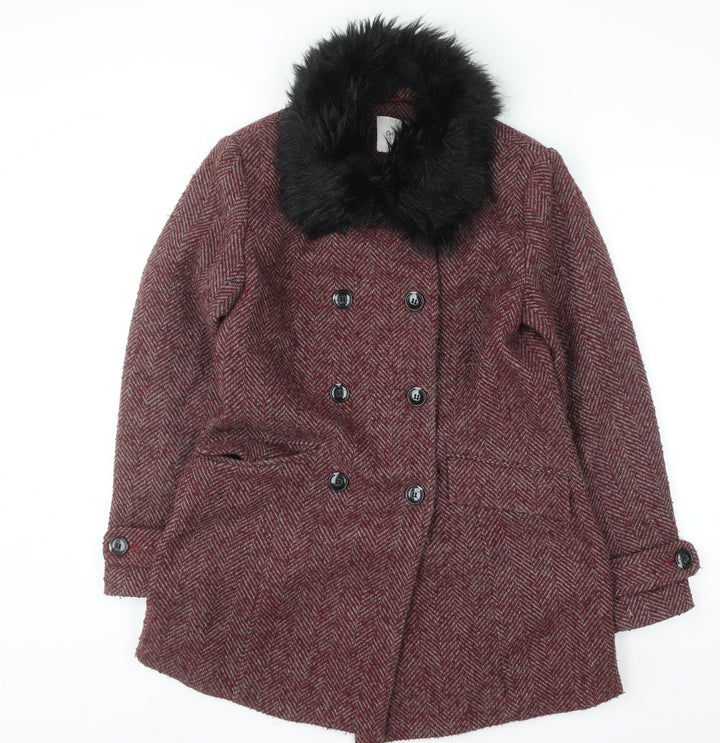 Cotton Traders Women Red Wool Mix Faux Fur Collar Pea Coat Size 12