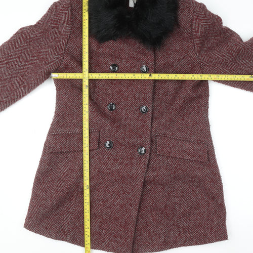 Cotton Traders Women Red Wool Mix Faux Fur Collar Pea Coat Size 12