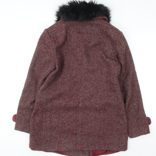 Cotton Traders Women Red Wool Mix Faux Fur Collar Pea Coat Size 12