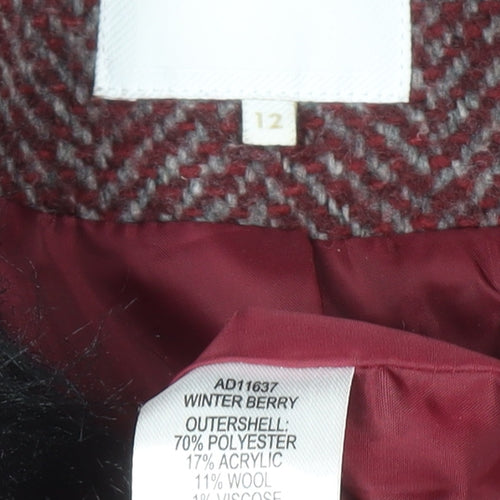Cotton Traders Women Red Wool Mix Faux Fur Collar Pea Coat Size 12