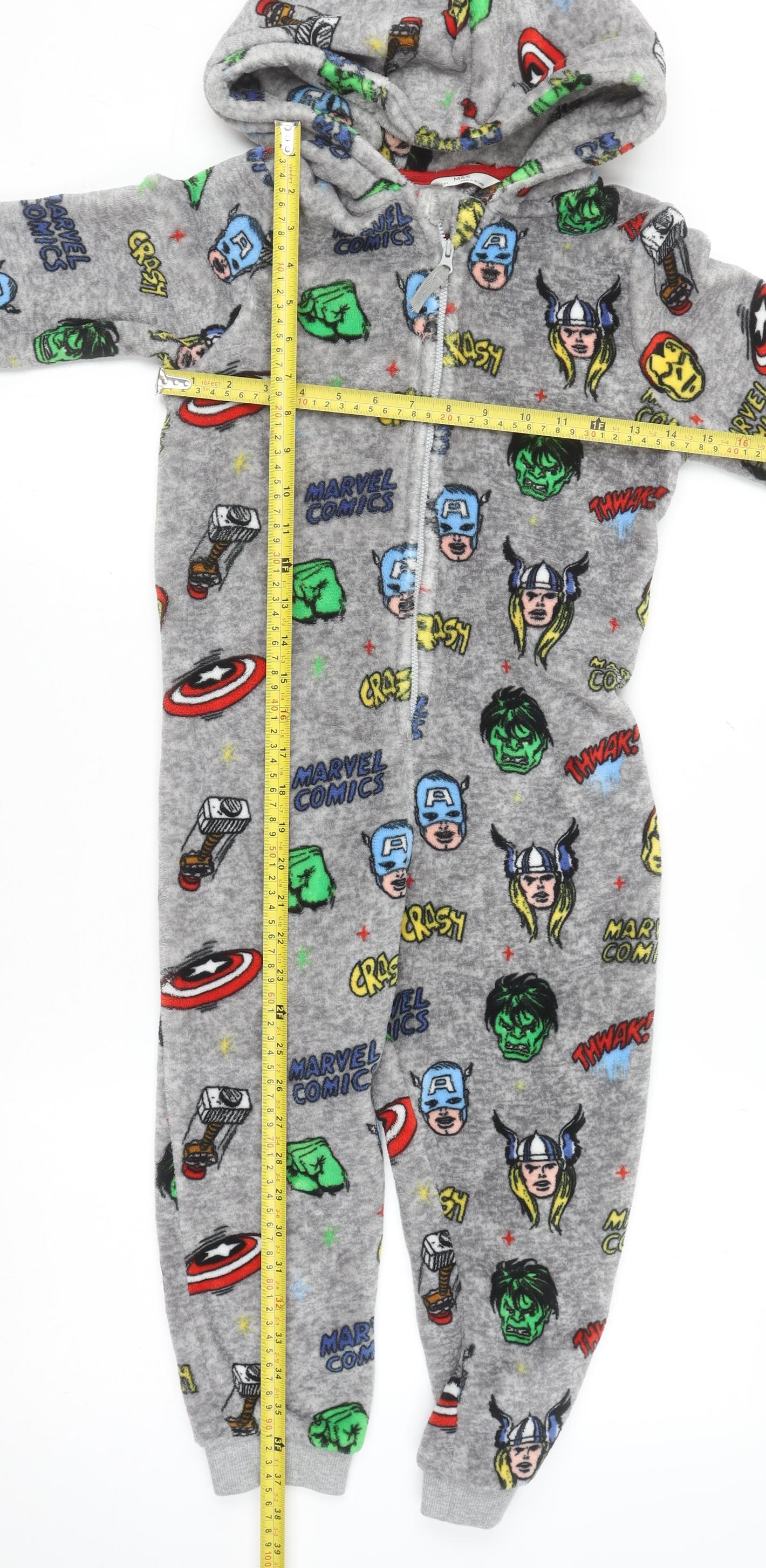 Marks and Spencer Boys Grey Marvel Fleece Hooded Onesie 6-7 Years