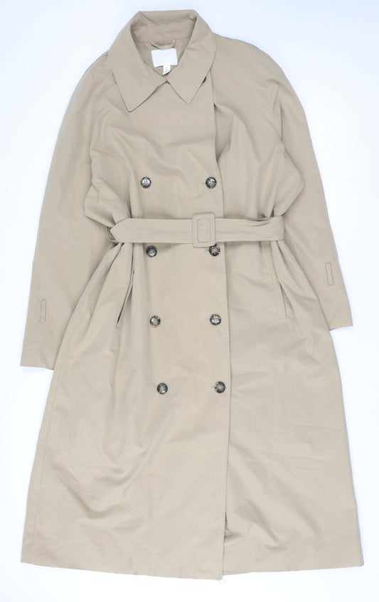 H&M Women’s Beige Long Trench Coat Size 12 Belted Classic Style