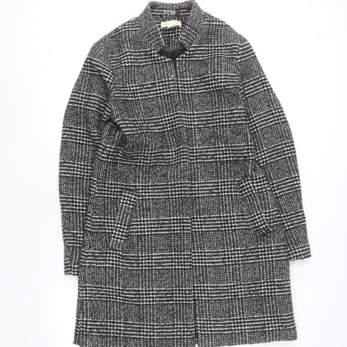 H&M Women Grey Check Wool Blend Mid-Length Overcoat Size 12