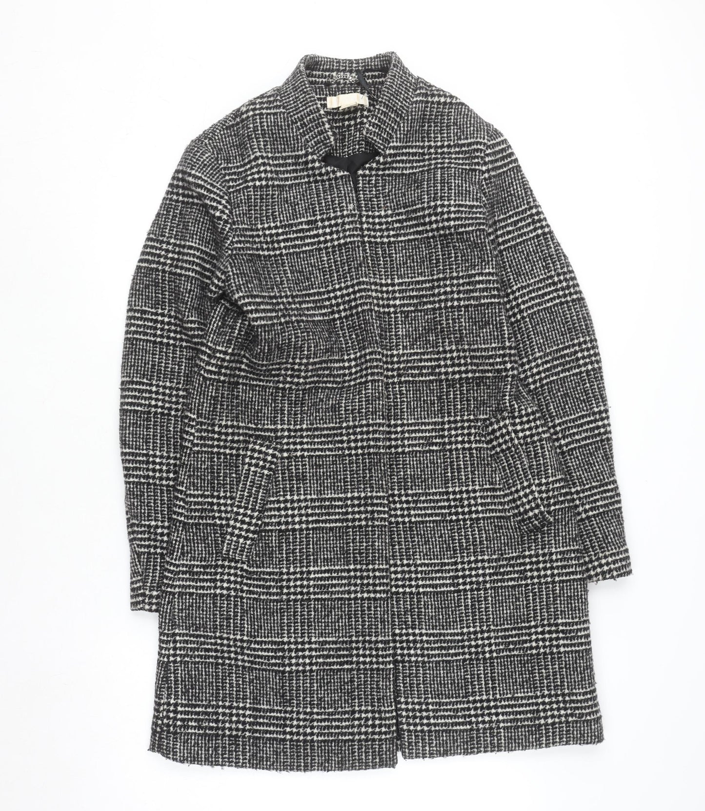 H&M Women Grey Check Wool Blend Mid-Length Overcoat Size 12