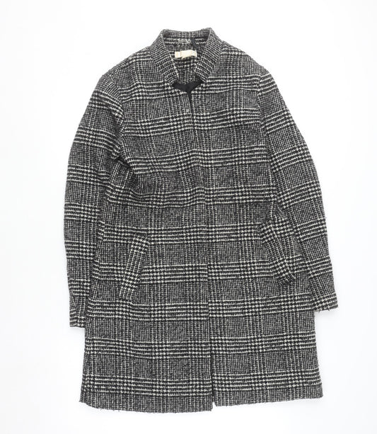 H&M Women Grey Check Wool Blend Mid-Length Overcoat Size 12