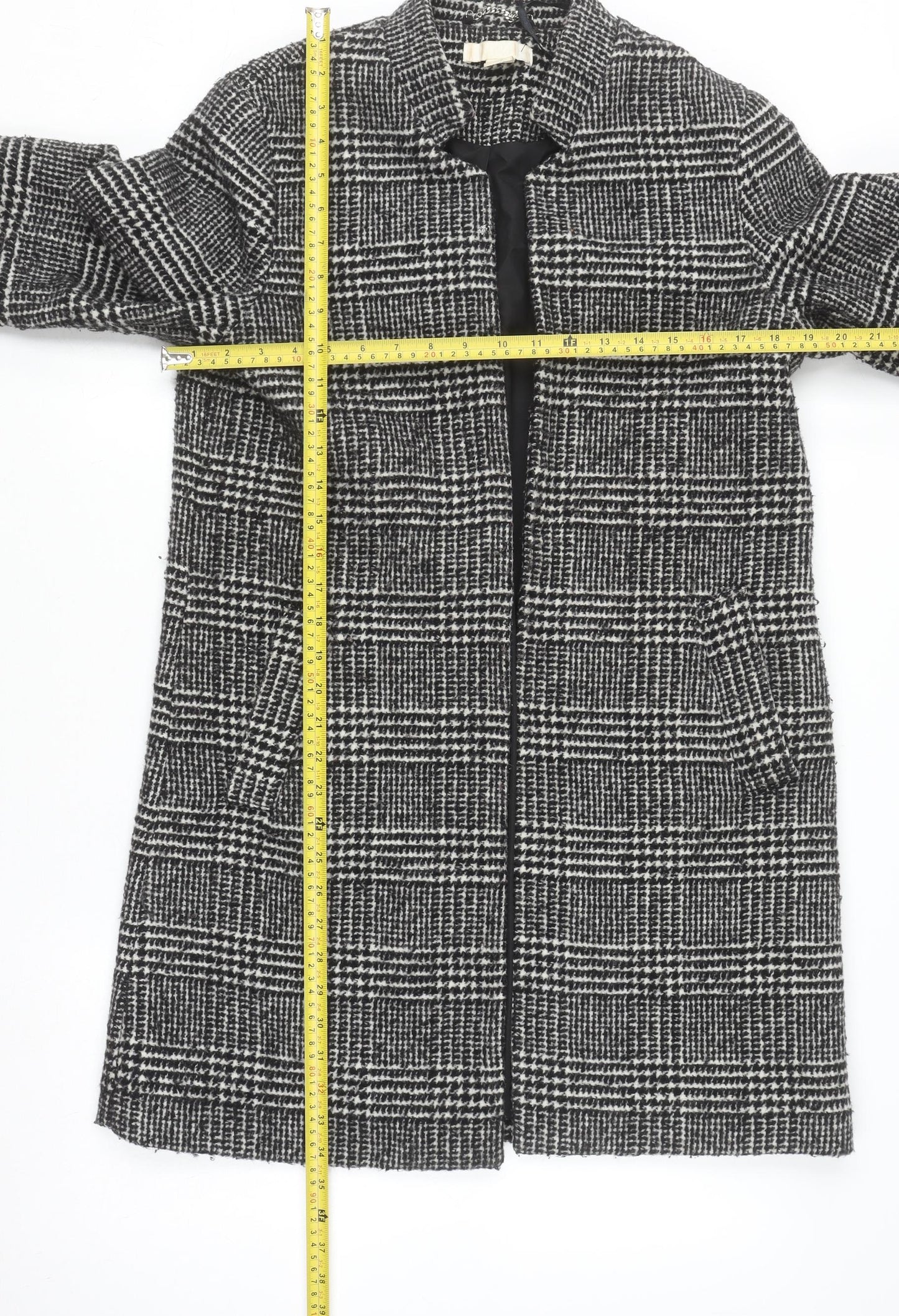 H&M Women Grey Check Wool Blend Mid-Length Overcoat Size 12