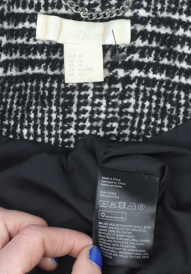 H&M Women Grey Check Wool Blend Mid-Length Overcoat Size 12