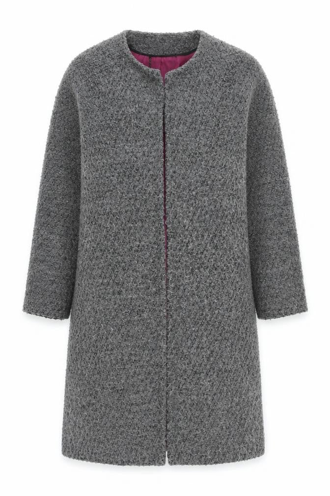 Front view of ELLE Women's Grey Tweed Long Overcoat, size 10, Lined Autumn Winter