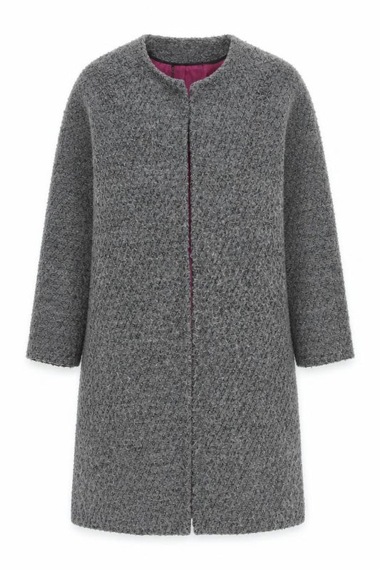 Front view of ELLE Women's Grey Tweed Long Overcoat, size 10, Lined Autumn Winter