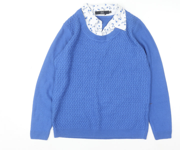 Isle Essentials Women’s Blue Pullover Jumper Medium 14-16 Knit Crew Neck