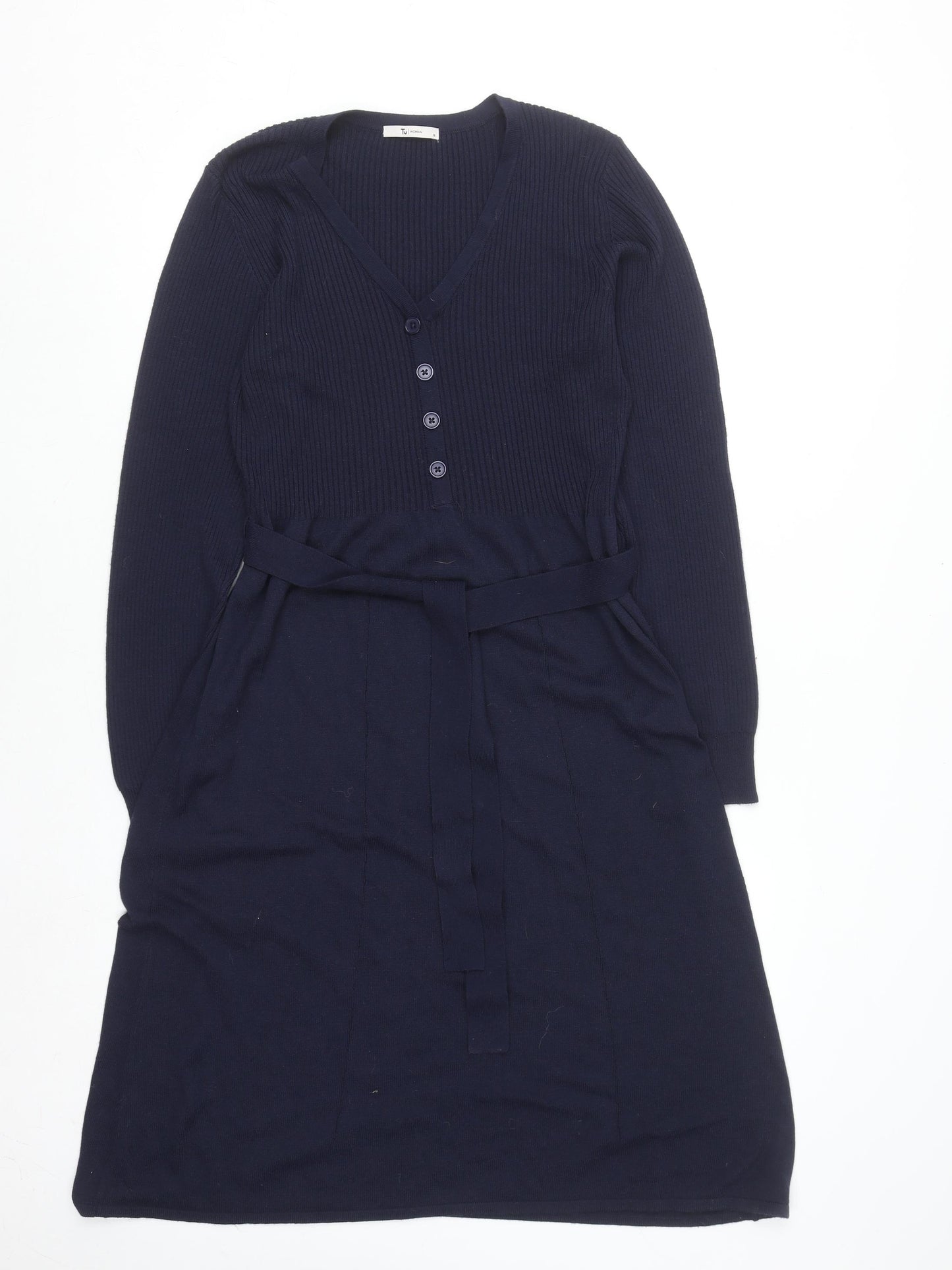 Tu Women Blue Knit Fit & Flare Belted Dress Size 16