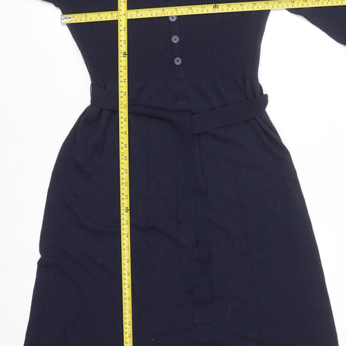 Tu Women Blue Knit Fit & Flare Belted Dress Size 16