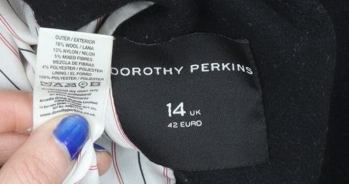 Dorothy Perkins Women’s Black Wool Blend Long Pea Coat Size 14